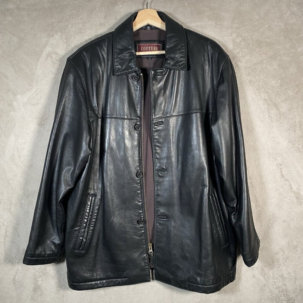 Vintage Black Lamb Leather Car Coat Mens M Couture by J Park Full Zip Button Up - Picture 3 of 16